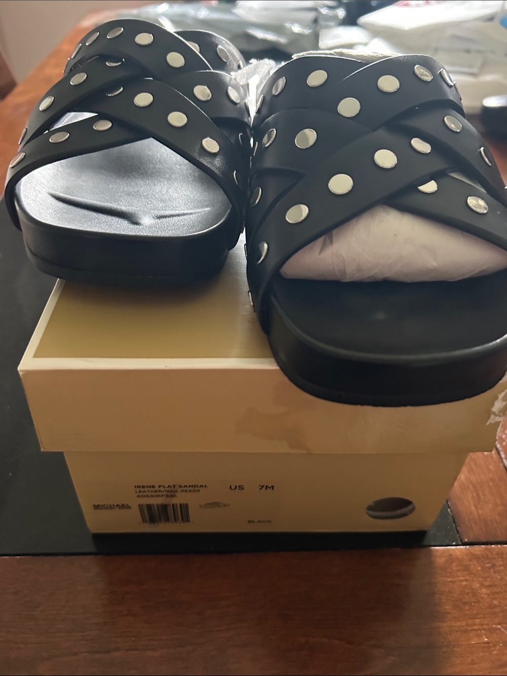 Michael Kors Black Crisscross Slide Sandals with Silver Studs